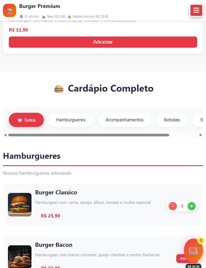 Cardápio do restaurante no celular